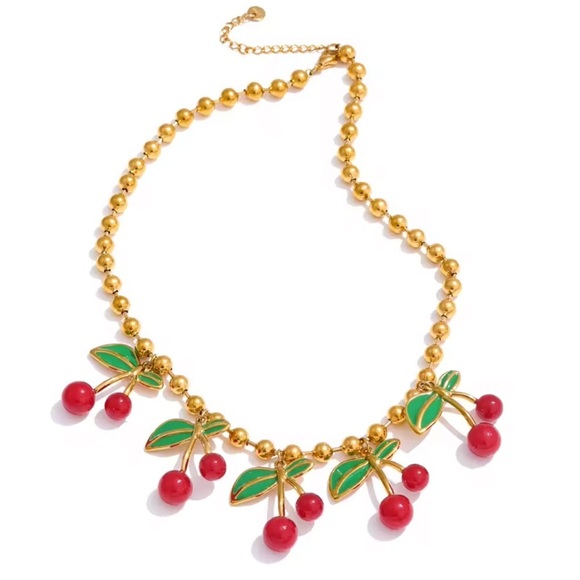 Red Cherry 18K Gold Stainless Steel Waterproof Necklace - Picture 1 of 16